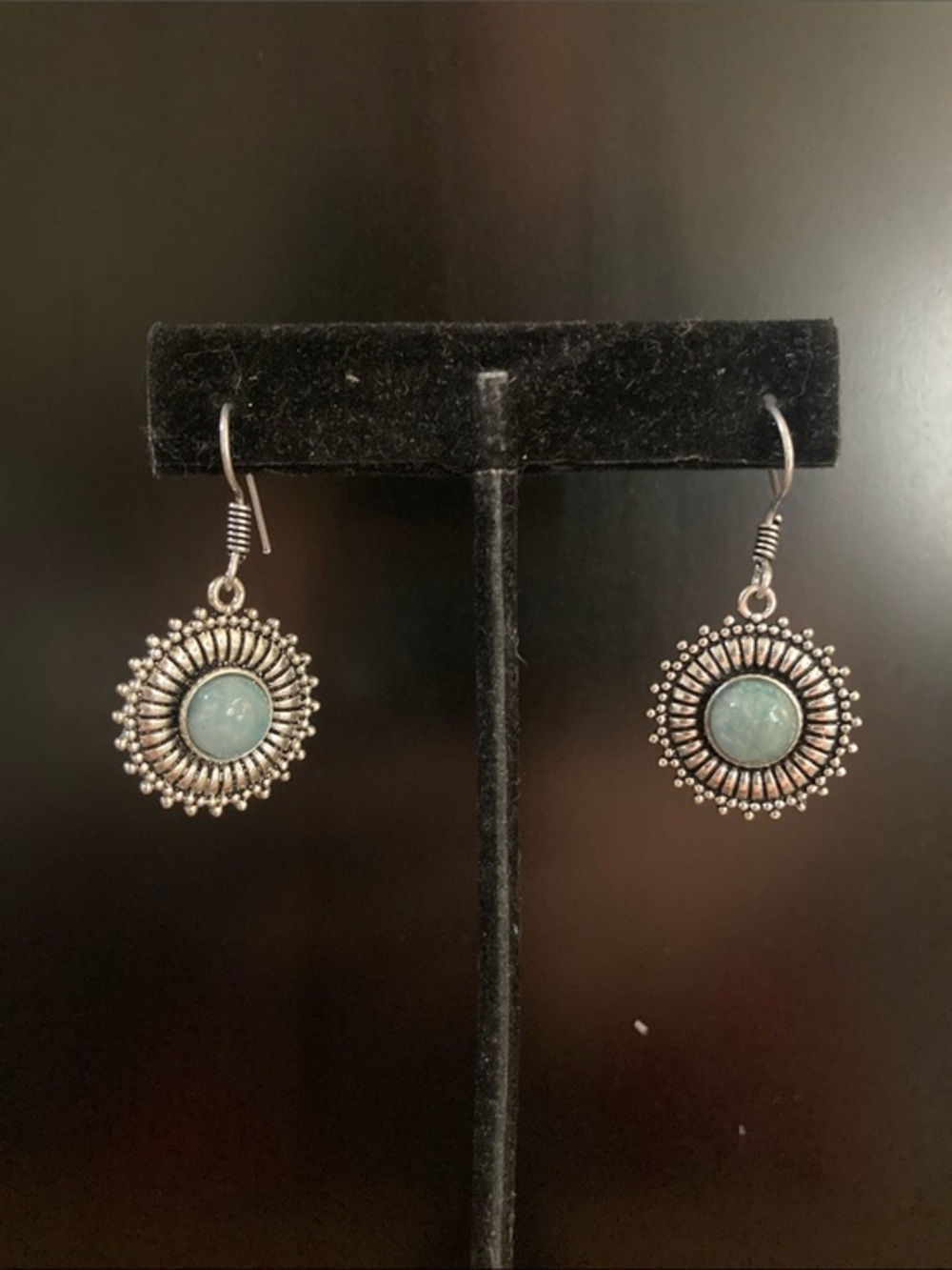 925 Silver Sunburst Drop Earrings with Light Blue Stone